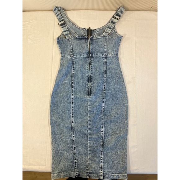 Unbranded Dresses & Skirts - Womens Acid Wash Denim Bodycon Dress Blue Sleeveless Size Small Front Slit Zip